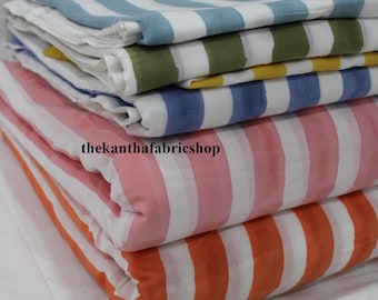 Indian Hand Block Printed Cotton Striped Fabric: Women Dressmaking, Curtains, Crafts Fabric