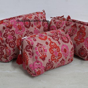 Ensemble de pochettes cosmétiques en coton à imprimé floral de belle couleur rouge, trousse de toilette matelassée pour femmes, maquillage indien fait main, cadeau pour anniversaire