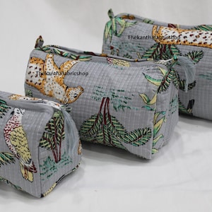 Grauer Dschungel 3-teiliges Set Make-up-Beutel Taschen für Frauen, gesteppte indische Baumwolle Kulturtasche, handgefertigte Tiger bedruckte Baumwollkosmetiktasche Tasche