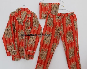 Cotton Hand Block Orange Tiger Printed Light Weight PJ Set, Handmade Pajamas Women Tunics Night Wear Dress, Gift For Her, Made By My Tailor