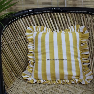 Bohemian Frill Cotton Cushion Cover, Handmade Yellow Striped Cotton Cushion Cover, Housewarming Gift, Indian Hand Block Cotton Cushion Cover