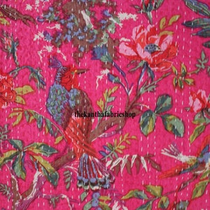Floral Bird Kantha Quilt: Handmade Cotton Throw Blanket, Reversible Bedspread