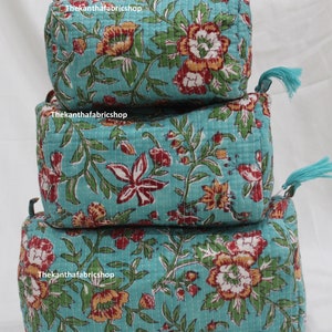 Set mit 3 Stück indische Baumwolle Grün Floral Hand Block Kulturbeutel, Frauen Make-up Beutel Tasche, Mädchen Handtasche Geldbörse, Geschenk für Jubiläum