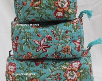 Set of 3 Indian Cotton Floral Toiletry Bags: Hand Block Print Makeup Pouches