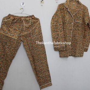 Lotus Print Cotton Pajama Set: Hand Block Printed Nightwear