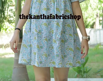 Damen Sommer Minikleid, Kleid mit Blumenblock-Print, Baumwollstoffkleid, Made in India, handgefertigtes Kleid