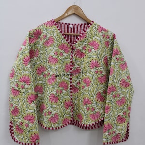 Women Wear Cotton Quilted Jacket, Handmade Floral Print Indian Quilted Jacket Party Wear Block Printed Cotton Full Sleeve Winter Jacket Coat