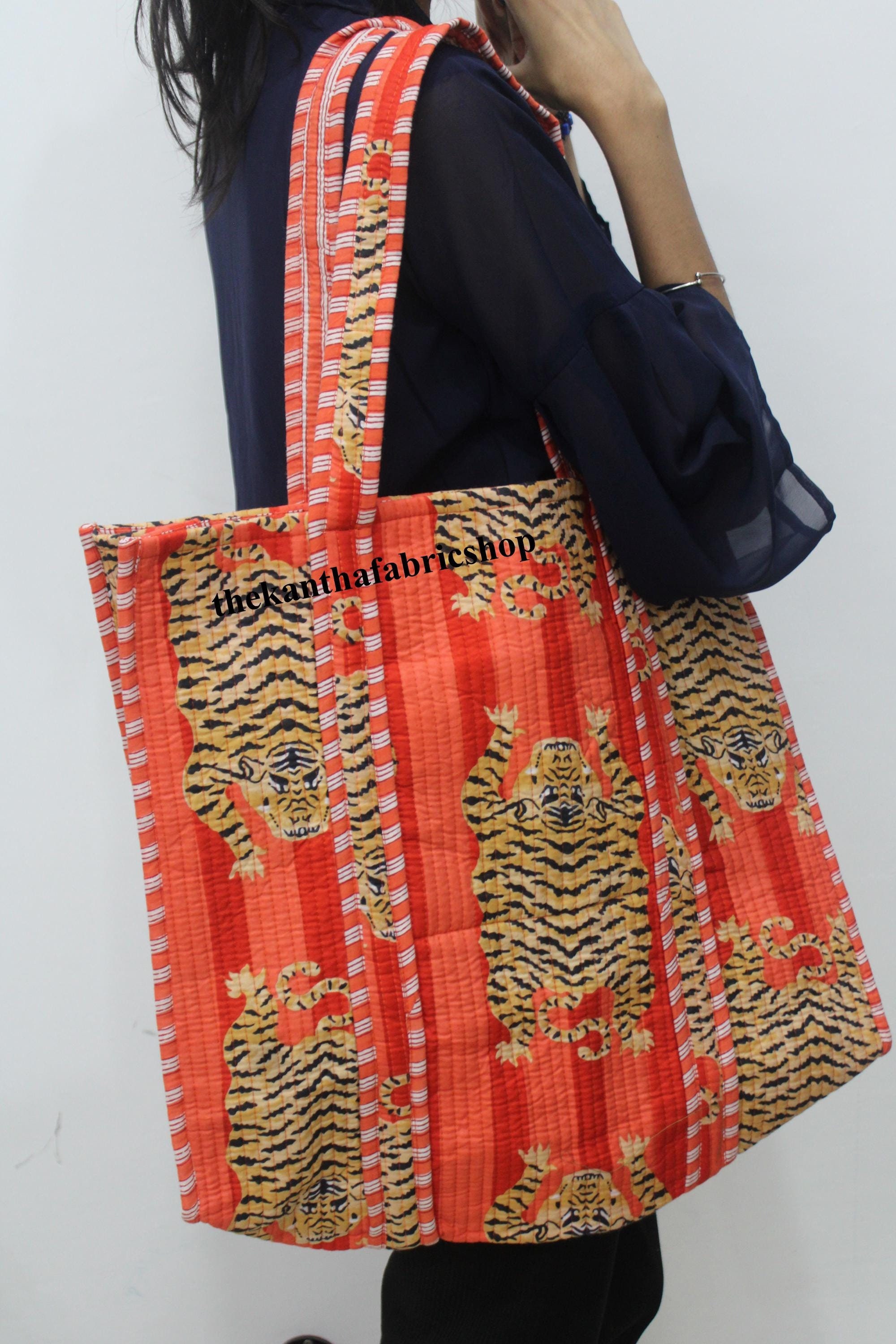 Tote Bag Cotton in Warm Orange and Pink Star Print 15x15.5