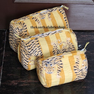 Indische Baumwolle Gelb Tiger Gedruckt Kosmetiktasche, Gesteppte Baumwolle Kulturtasche, Frauen Make-up Reisetasche, Handgemachte Tasche, Geschenk für Geburtstag