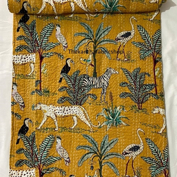 Couette kantha indienne faite main Couette kantha indienne imprimé jungle Couverture en coton Gudari vintage Kantha couvre-lit