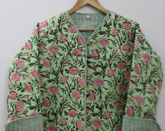 Handmade Cotton Quilted Jacket: Floral Block Print Party Coat