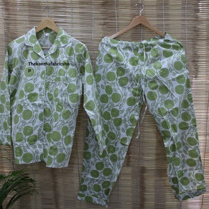 Green Floral Print Cotton Handmade Pajama Set For Women, Hand Block Print Cotton Pajamas Night Pj Set, Soft Cozy Night Sleepwear Women Dress