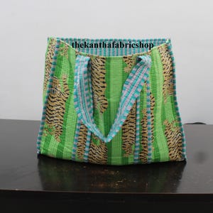 Indian Handmade Green Tiger Printed Tote Bag, Women Shopping Tote Bag, Travel Bag, Cosmetic Bag, #Made By My Employee #Thekanthafabricshop