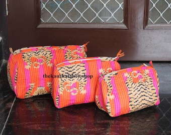 Handmade Indian Cotton Toiletry Bag Set: Orange Pink Tiger Print Quilted Cosmetic Pouches