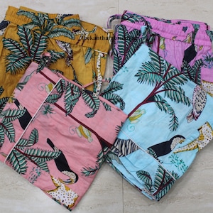 Indiase katoenen pyjamashort: jungledierenprint, lichtgewicht nachtkleding