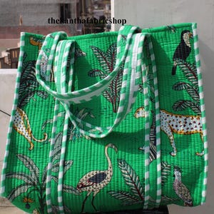 Green Jungle Print Cotton Handmade Tote Bag, Light Weight Reversible Cotton Quilted Bag, Women Shopping Bag, Indian Tote Bag, Gift For Her