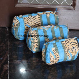 Tiger Gedruckt Baumwolltasche, Frauen Make-up Kosmetik Beutel Tasche, Blau & Grün Gestreifte Tasche, Leichte Beutel Tasche, Geschenk Für Sie, Von Meinem Schneider Hergestellt