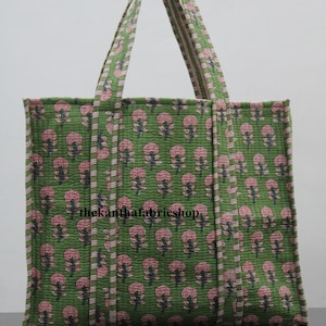Wunderschöne grüne Buti Floral bedruckte Baumwoll-Einkaufstasche, handgefertigte gesteppte Reversible-Einkaufstasche, indische Kosmetik-Einkaufstasche, Brautjungfer Geschenke