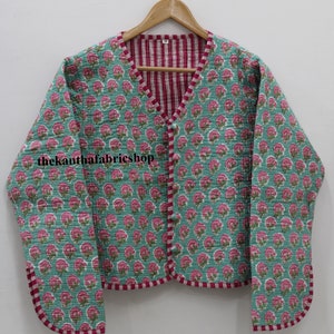 Quilted Indian Jacket For Women Floral Block Print Cotton Jacket Coat, Reversible Short Jacket, Vintage Cotton Jacket, Gift For Her