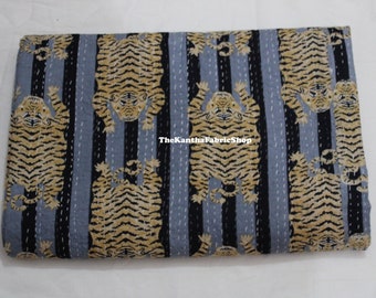 Queen Size Kantha Quilt: Indian Handmade Cotton Bedspread - Tiger Printed kantha Bedcover
