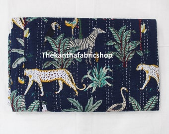 Handmade Indian Kantha Quilt: Jungle Printed Cotton Bedspread Kantha
