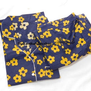 Yellow Floral Printed Cotton Night Pj Set, Soft Cotton Pajamas Set Trousers And Shirt, Indian Cotton Hand Block Printed Bridesmaid Pj Set