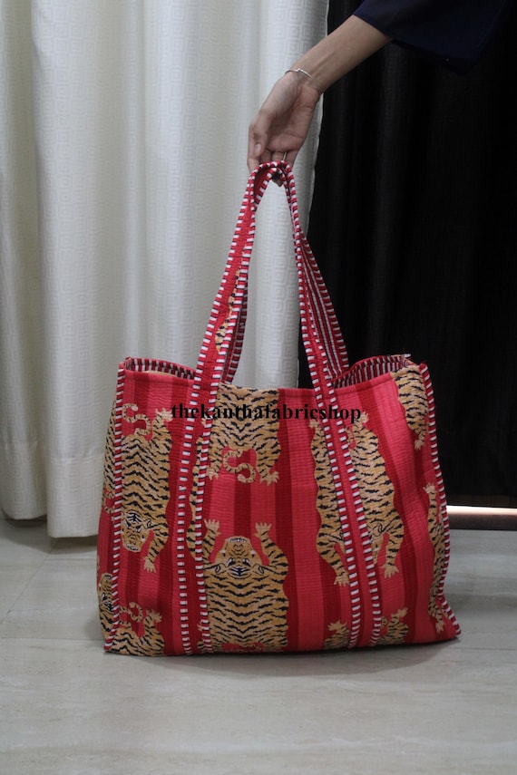 虎柄キルティングコットントートバッグ：インド製ハンドメイド