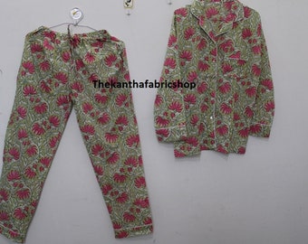 Indian Floral Print Cotton Summer Pajama Set, Hand Block Print Pajamas, Indian Pj Set, Gift For Her, Woman Pjs Set bridal party Wear pajama