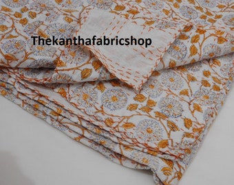 Floral sofa throw blanket cotton kantha Indian quilts Handmade bedding blanket throws