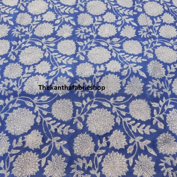 Indian block printed cotton voile hand made Blue floral pure cotton flowers sewing fabric kitty and Hubble cotton poplin botanical floral