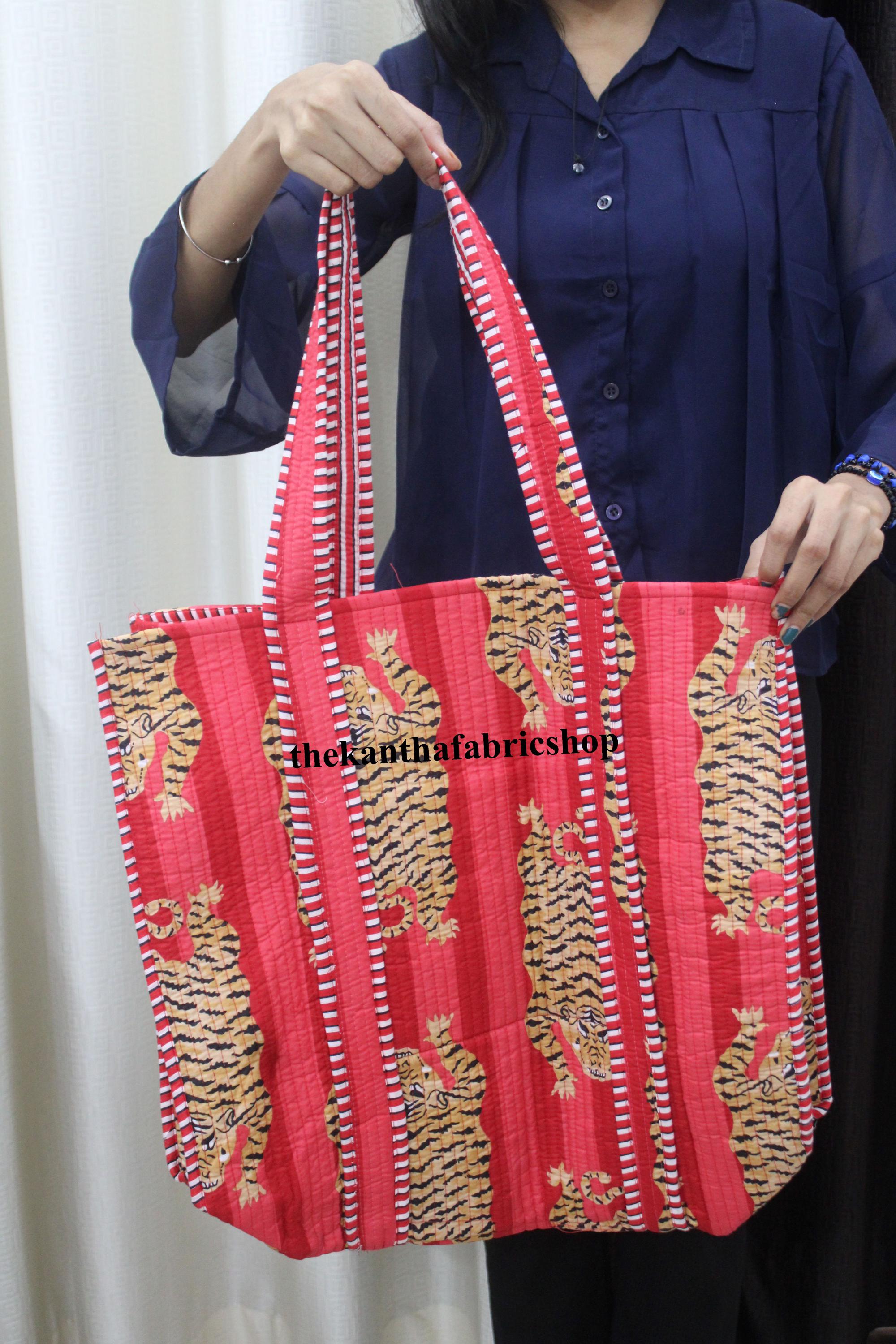 虎柄キルティングコットントートバッグ：インド製ハンドメイド