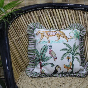 Handmade Cotton Cushion Cover, Green Ruffle Pillow Cover, White Jungle Print Cushion Pillow Cover, Home Decorative Frill Cushion Cover