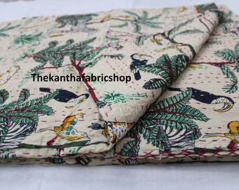 Handmade Indian Kantha Quilt: Jungle Print Beige Cotton Kantha Bedspread