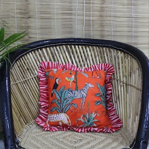 Indian Handmade Orange Jungle Printed Cotton Cushion Cover, Home Décor Cushion Cover, Red Striped Ruffle Cushion Cover, Gift For Birthday