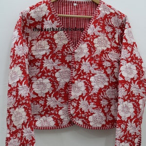 100% Cotton Indian Handmade Reversible Jacket, Block Print Quilted Jacket, Red Floral Print Jacket, Gift For Birthday, Party Wear Women Coat