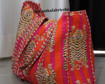 Tiger Print Cotton Tote Bag, Handmade Bag Reversible Tote Bag Women Shopping Bag Gift For Birthday, #Made By My Tailor #Thekanthafabricshop