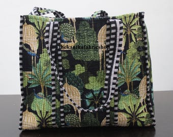 Handmade Peacock Printed Cotton Bag, Indian Cotton Tote Bag, Light Weight Shopping Bag, Travel Bag, Quilted Wash Tote Bag, Gift For Her