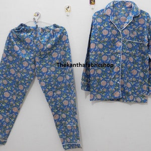 Women&#39;s Cotton Sleepwear Pajama Two Piece Set, Loungewear Floral Print Free Size Pajamas For Ladies Night Wear Dress, Hand Block Print Dress