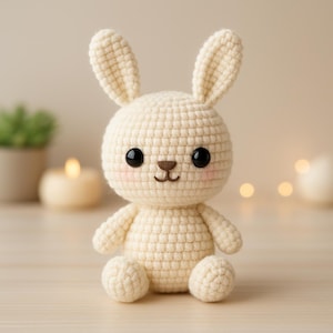 Peut inclure: Un lapin au crochet de couleur crème avec de grands yeux noirs, un nez marron et des joues roses. L'animal en peluche fait à la main a de longues oreilles et est assis droit. Le lapin est un jouet doux et câlin.