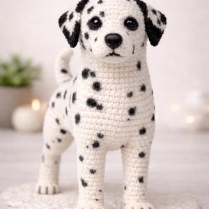 Peut inclure: Figurine de chien dalmatien au crochet. Le chien est blanc avec des taches noires et des oreilles noires. Il se tient sur un tapis blanc à bord festonné. Le chien a un nez noir et regarde directement le spectateur.