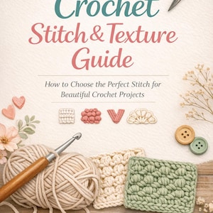May include: A book cover reading "Crochet Stitch & Texture Guide" in teal and pink. The image features crochet samples, yarn, a hook, and buttons. The words "DIGITAL PDF" are at the bottom of the image.