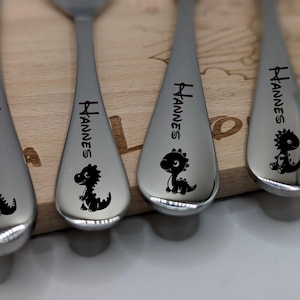 Children&#39;s cutlery with dinosaurs and personal engraving 4-piece cutlery for children as a gift christening gift