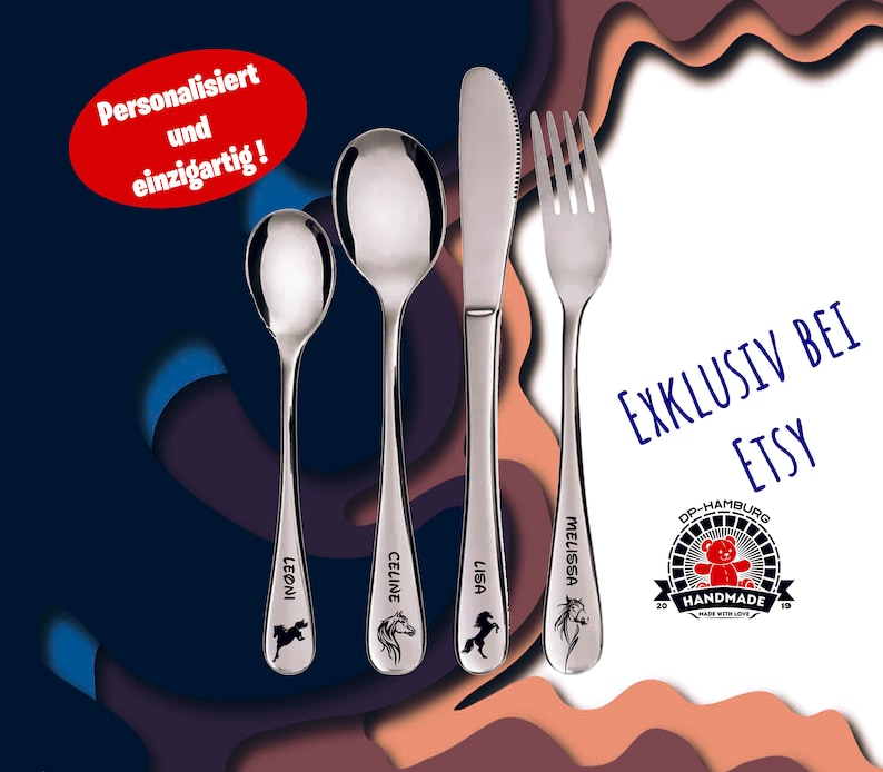 Children's cutlery horses including personal engraving / 4-piece cutlery for children as a gift / christening gift / birthday image 1