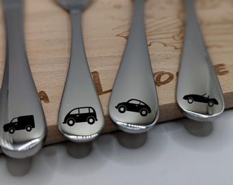 Children's cutlery set with "Cars" engraving | 4-piece set | Personalized cutlery for children | Gift for christening, birth, birthday