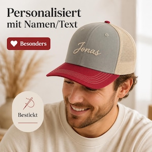 May include: A baseball cap featuring a grey front panel with the embroidered name Jonas in script, a dark red brim with white stitching, and a beige mesh back. The text Personalisiert mit Namen/Text, Besondere, and Bestickt is visible.