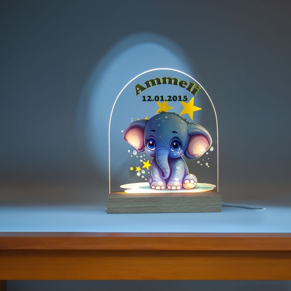 LED-Nachtlicht für Kinder / Baby, Babygeschenk Geburt, Nachtlicht personalisiert, Nachtlicht Kinder, Geschenk Geburt, Taufgeschenk, Elefant