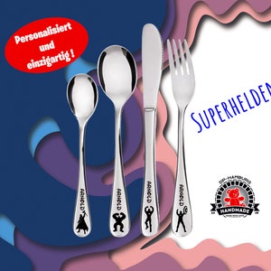 Personalized children&#39;s cutlery superheroes - stainless steel with engraving | Gift for birth, baptism, birthday