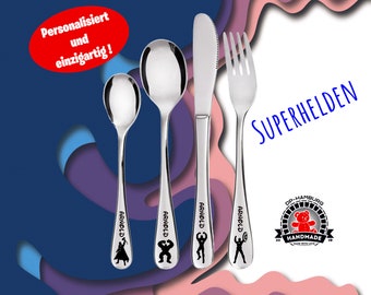 Children's cutlery "Superheroes" including personal engraving / 4-piece cutlery for children as a gift / christening gift / birthday