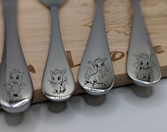 Children&#39;s cutlery with &quot;Dragon&quot; and personal engraving 4-piece cutlery for children as a gift christening gift