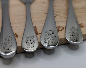 Children's cutlery "Dragon" with personal engraving 4-piece cutlery for children as a christening gift